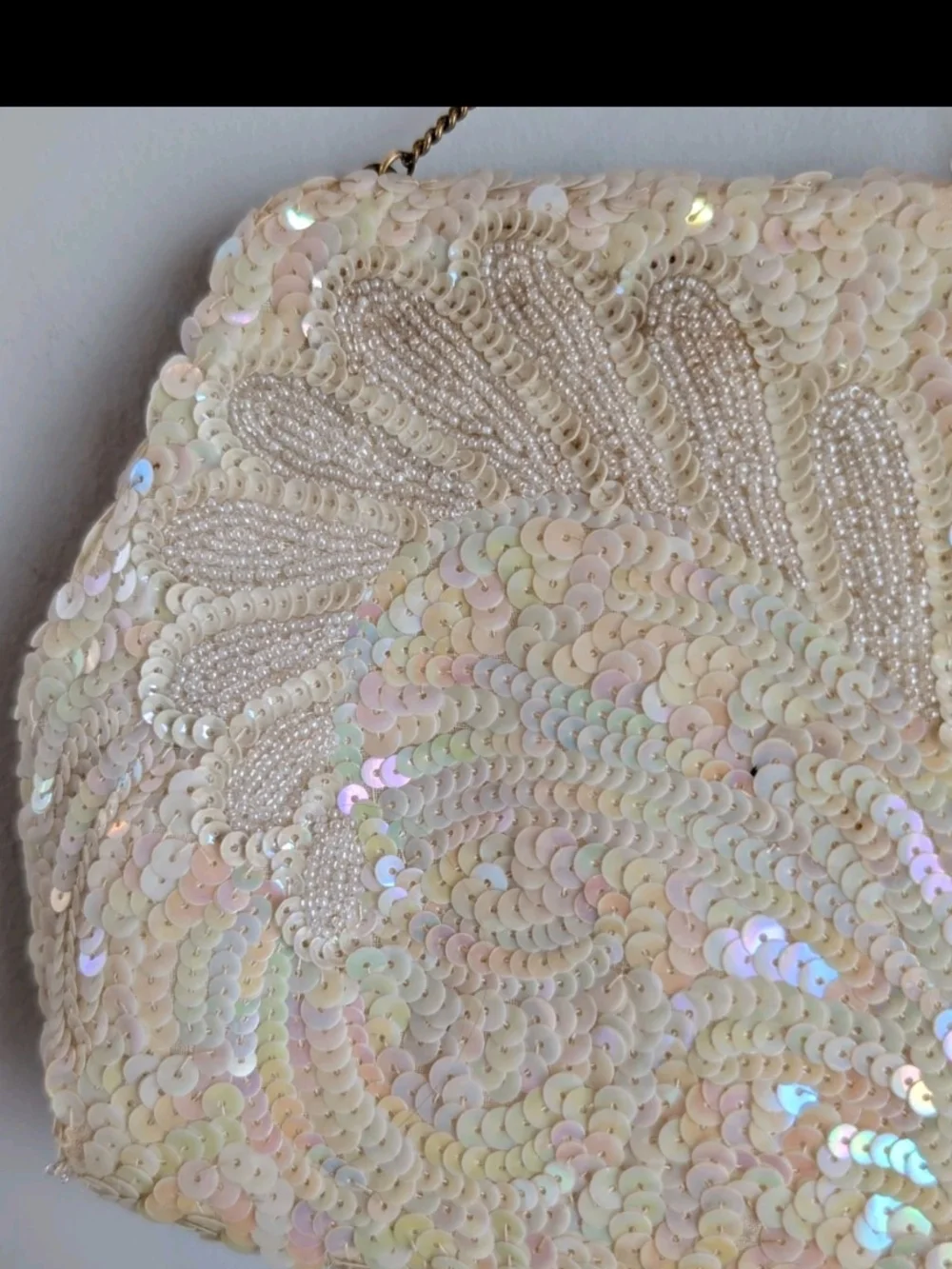 VTG 60s Josef Beaded Sequin Clutch Purse Cream Iridescent Hand Beaded In France